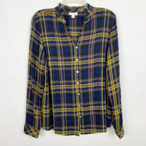 J. Jill Ruffle Neck Plaid Textured Button Down Top Women Size M Blue Yellow
